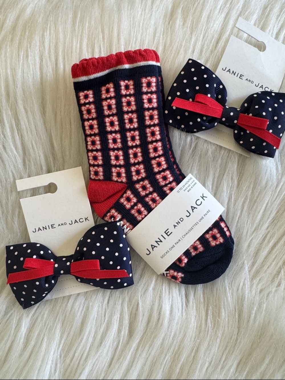 Janie & Jack Navy Red White Patterned Socks with 2 Navy Polka-Dot Bow Hair Clips